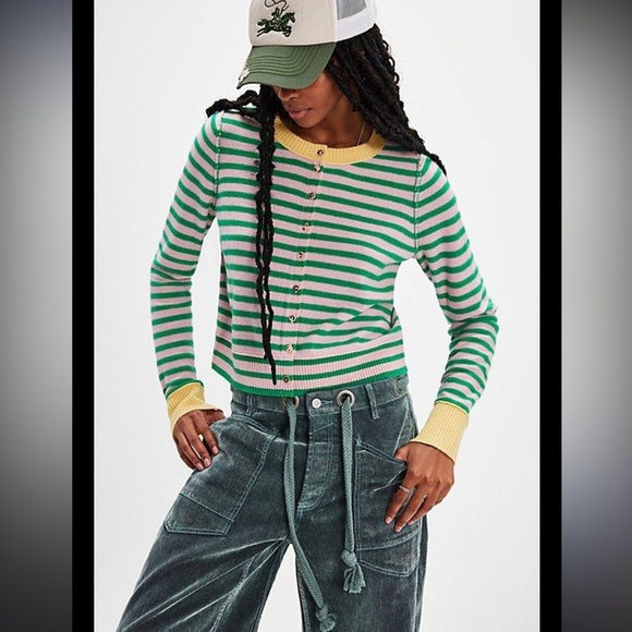 New! Free People nocturnal stripe cardi Green Yellow pink Cardigan 2333 - Picture 4 of 11